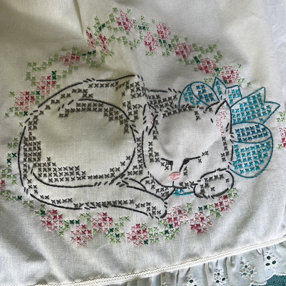 White Rag Doll w/ Sleeping Cat cross stitched dress, Bonnet, ruffled eyelet trim